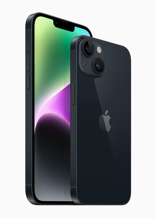 Apple iPhone 14 in de kleur Midnight, voor- en achterzijde